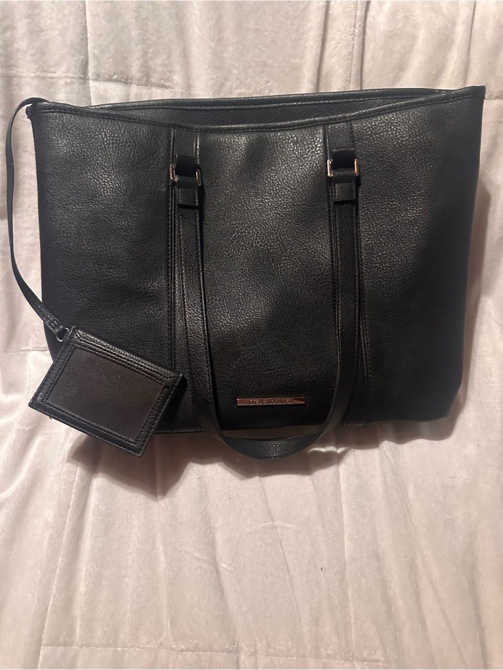 Steve Madden Black Faux Leather Shoulder Tote with ID Tag